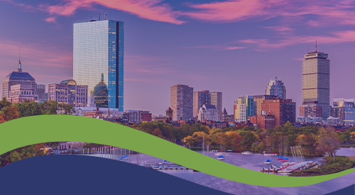 Boston Skyline with Purple Overlay and Blue Green Swoop