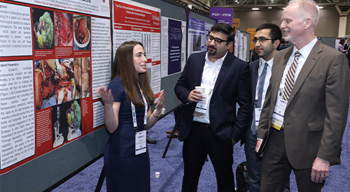 Woman presenting her poster to a group of men